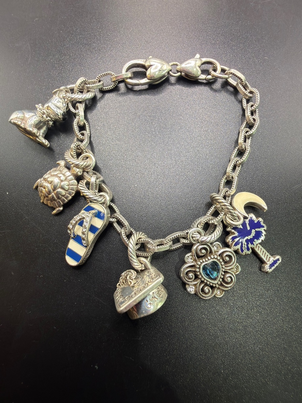 BRIGHTON SILVER CHARM BRACELET PALM TREE FLIP FLOP TURTLE DOG HEART CAP SUMMER